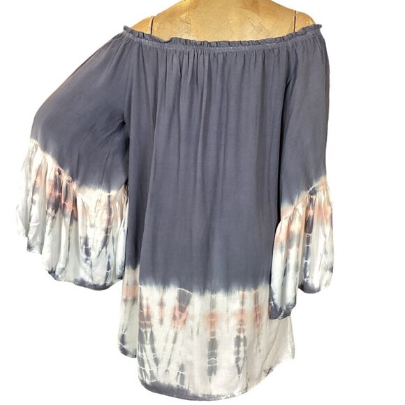 BLACK BEAD Tie Dye Off Shoulder BOHO Bell Sleeve Tunic Top/Mini Sz S #312L - Picture 5 of 7